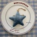 Blue plush star Christmas ornament with silver glitter and wooden bead hanging detail - Star - Blue