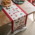 Christmas snowman table runner with tassels and Happy Holidays text on beige fabric - White Snowman Design With Red Tassels (do Not Machine Wash)
