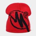 Detailed view of red knitted beanie featuring black abstract geometric jacquard patterns - M(56-58cm) / Red & Black