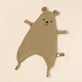 Close-up of brown cotton muslin comforter featuring bear face embroidery and a snap strap - Dark Khaki Embroidery