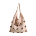 Cremefarbene Strick-Einkaufstasche mit 3D-Häkelblumen in weichem, minimalistischem Stil - Khaki