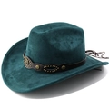 Classic dark lake green faux suede cowboy hat with studded leather band and vintage badge - M(56-58cm) / Dark Green