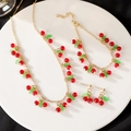 Conjunto de collar, pulsera y pendientes de cereza con cuentas rojas y hojas verdes - Conjunto de Joyas Cereza Roja (F119)
