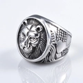 Vintage silver lion head relief ring for men with detailed engraving and wide band - US 7 / Vintage Silver