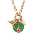 18K gold plated necklace with green enamel shell and hand gesture pendant details - Gold-Green