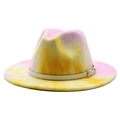 Roze en gele tie-dye wollen fedora hoed met een brede rand en decoratieve riemband - M (56-58cm) / Roze Geel Tie Dye (#1)