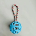 Sky blue hollow TPR rubber ball dog toy with colorful durable braided rope ring - Blue Single Ear Ball