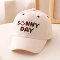 Detail of kids' beige canvas baseball cap with brown Sunny Day embroidery and smiley face - 52cm (2-5 Years) / Off White