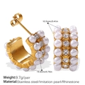 Gold-plated stainless steel C-shape earrings with pearls and rhinestones 19.4mm size - White Pearl Earrings (EH1195WEG)