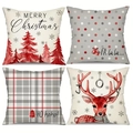 Set of 4 Christmas pillow covers with red reindeer, plaid, and festive text patterns - Red Reindeer Mix