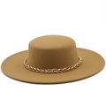Flat top camel wool felt hat with gold metal chain trim and wide brim for women and men - M (56-58cm) / 03 Camel