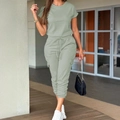 Women's sage green two-piece lounge set with short sleeve top and cargo jogger pants - S / Bean Green