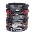 Vintage braided leather bracelet set with metallic wing, guitar and feather charms - 6-Piece Set