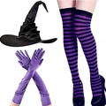 Halloween heksenset met zwarte hoed, paarse satijnen handschoenen en streepjesokken - Eén maat / Zwarte Hoed Paarse Set