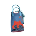 Detailed blue knitted phone bag featuring red cat pattern and black yarn ball design - Cat Blue