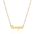 Macro detail of 18K gold-plated stainless steel Scorpio zodiac nameplate necklace - Scorpio / Gold