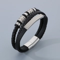 Men's multilayer black leather bracelet with silver steel beads and magnetic clasp - Style B Steel Color Horizontal Stripe Decor (KB179978-YA)