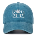 Close-up of DOG MOM embroidery and paw print on washed cotton baseball cap - Lake Blue