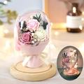 Preserved pink and white rose bouquet in glass dome with LED light and wooden base - Mixed Color Roses / 11cm*16cm