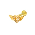 Golden heart labret stud with crystal-studded wings and flat back for piercing - Gold Winged Heart / Gold