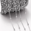Polished silver stainless steel beaded chain for DIY jewelry making on white spool - 1 Meter/Pack / Steel