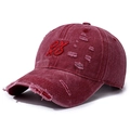 Vintage washed burgundy baseball cap with distressed rip details and OK embroidery - Adjustable / Red (OK Embroidery)