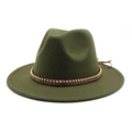 Olive green wool fedora hat with brown braided band and golden bead chain detail - Army Green