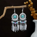 Bohemian silver drop earrings with turquoise stones and feather tassel details - Multicolor(E6163-3)