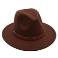 Detail of dark brown wool fedora hat featuring a leather band with silver metal buckle - Coffee
