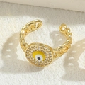 Luxurious 14K gold plated Evil Eye ring with yellow zircon pavé and chain textured band - Yellow