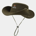 Close-up of olive green outdoor sun hat with mountain embroidery and adjustable wind rope - M (56-58cm) / Army Green