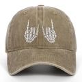 Vintage washed cotton baseball cap with white skeleton hands embroidery in khaki - Khaki