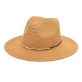 Modern khaki woven straw fedora hat with black band and gold metallic trim on white background - M (56-58cm) / Camel