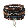 Close-up of multilayer beaded bracelets with wood beads, leaf charm and infinity symbol - Infinity Leaf Vintage Wood (57)