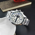 Men's silver stainless steel quartz watch with cream dial and blue glass finish - Silver White (Decorative Sub-dials)