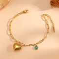 Bracciale in titanio placcato oro 18k con ciondoli a cuore e turchese da donna - Bracciale Cuore con Pietra Blu (I722)