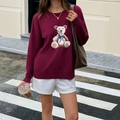 Pull en maille bordeaux pour femme avec broderie ours mignonne et manches longues - S / Bordeaux