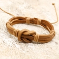 Handmade vintage brown leather braided bracelet with adjustable infinity knot design - Khaki