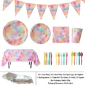 Rainbow watercolor party tableware set including paper plates cups and napkins - Full Watercolor Party Tableware Set