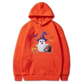 Orange Halloween hoodie with cartoon ghost pumpkin cat and bat print flat lay view - Orange