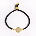 Black woven cord bracelet with gold circular charm pave-set with sparkling zircons - Gold Round Pave Pendant (Style 3)