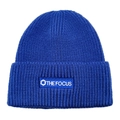 Detailed close-up of dark blue ribbed beanie with The Focus logo embroidery patch - M(54-60cm) / Sapphire Blue