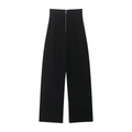 Women's black high waisted wide leg trousers featuring a front metal zipper on white background - S / Black