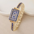 Orologio quadrato dorato con strass blu e numeri romani con cinturino a rete - Blu
