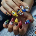 Short almond press-on nails featuring vibrant SpongeBob and cartoon character designs - Bz1494 Cartoon Era / Glue Type