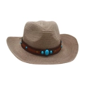 Chapeau de cowboy en paille marron avec bande en cuir et turquoise pour la plage au soleil - Gris