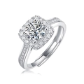 Silver adjustable moissanite ring with round center stone and square halo setting - Adjustable Open / Square Round Style (R12858-8.0mm/2 Carats)