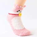 Cozy pink and white cat-themed coral fleece socks with 3D ears and yellow bell detail - One Size / Pink