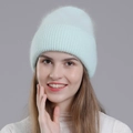 Pale mint green rabbit fur knit beanie for women showing warm fuzzy texture and ribbed cuff - Emerald Green