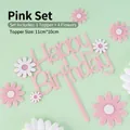 Pink Happy Birthday cake topper set with small daisy flowers for princess theme party - Pink Acrylic Daisy Set